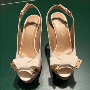 Stylish Stuart Weitzman  White  Peep-Toe Slingback Platforms